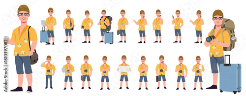 Traveler character model sheet, Character poses, expressions, Walk cycle, Run cycle animated character sequences.