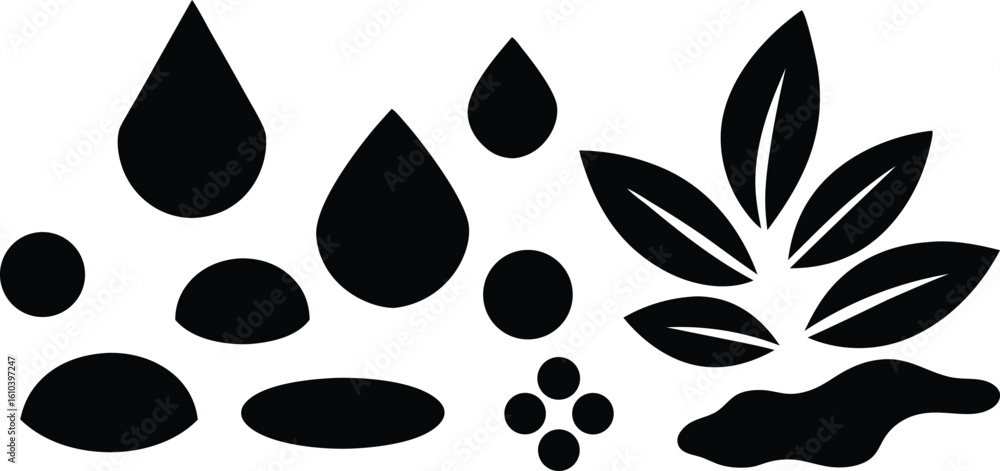 Fototapeta premium Vector art of a collection of black abstract shapes including drops, leaves, and circles, isolated on white isolated on transparent background.