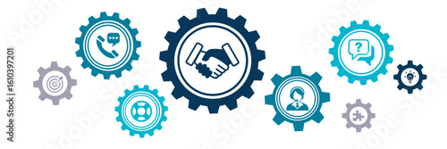 Customer service vector illustration. Blue concept with icons related to call center, telemarketing or helpline, support hotline or helpdesk, customer communication via telephone.
