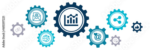 email marketing vector illustration. Concept with connected icons related to e-mail communication strategy, e mail marketing software or tool, electronic communication or newsletter.