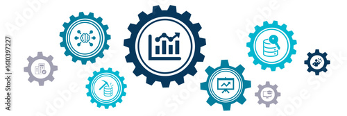 Business intelligence vector illustration. Concept with connected icons related to data mining / analysis, optimization, performance monitoring, reporting or decision-making. 