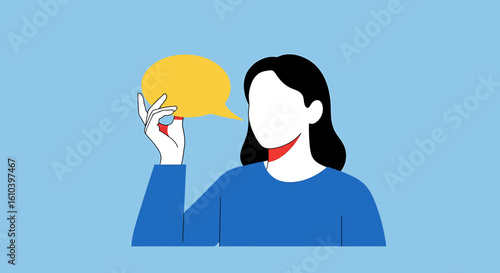 Woman holding speech bubble illustration for communication concept