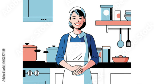 Woman in kitchen illustration preparing food and meal at home