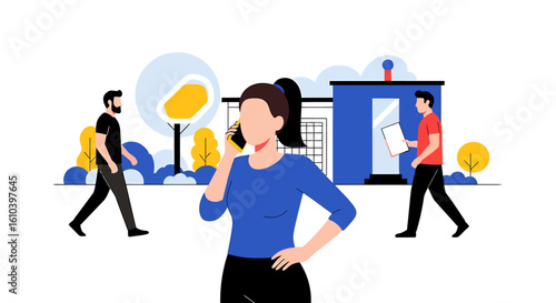 Woman use phone in city park with people walking illustration vector