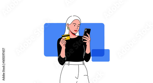 Woman shopping online with credit card and smartphone illustration