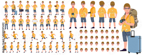 Traveler character model sheet, Character poses, expressions, Walk cycle, Run cycle animated character sequences.