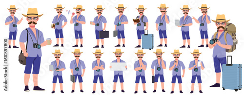 Traveler character model sheet, Character poses, expressions, Walk cycle, Run cycle animated character sequences.