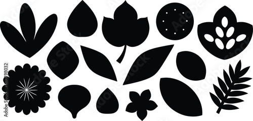 Vector art of a striking monochrome collection of stylized botanical elements and abstract shapes in black and white isolated on transparent background.