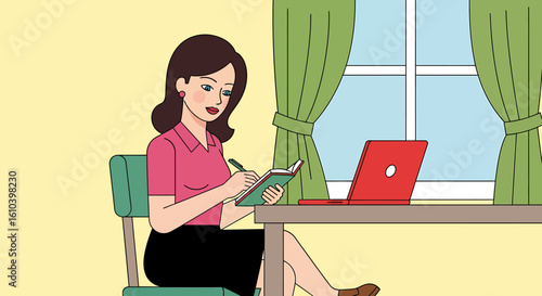 Woman working at home writing in notebook laptop on desk