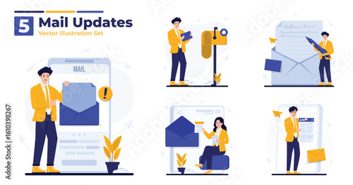 Concept of Mail Updates Flat Illustration Set Featuring Modern Email Notifications and Communication in Digital Style with Businessman and Businesswoman Characters