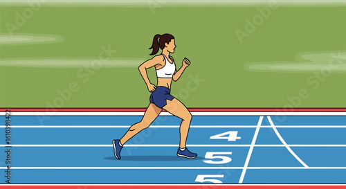 Woman running on track fitness health and sports vector illustration