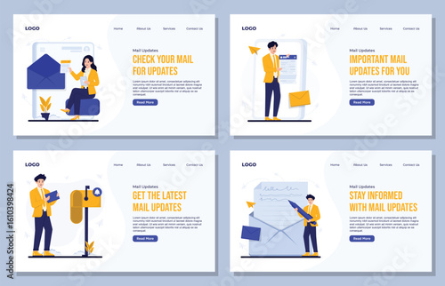Concept of Mail Updates landing page template Flat Illustration Set Featuring Modern Email  in Digital Style with Businessman and Businesswoman Characters