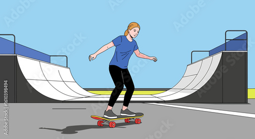 Young woman skateboarding at skatepark minimalist illustration