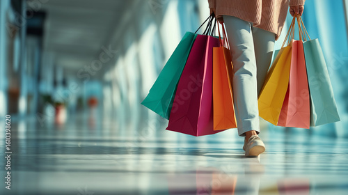 Woman carrying colorful shopping bags in a modern mall capturing consumerism