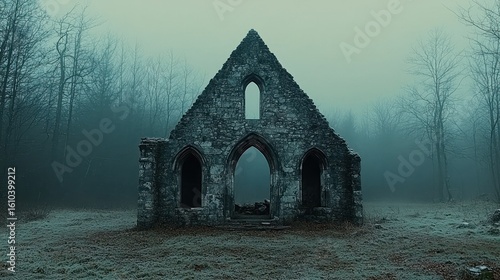 Ruined church in foggy forest