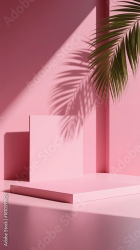 Minimalist Pink Podium with Palm Leaf Shadow