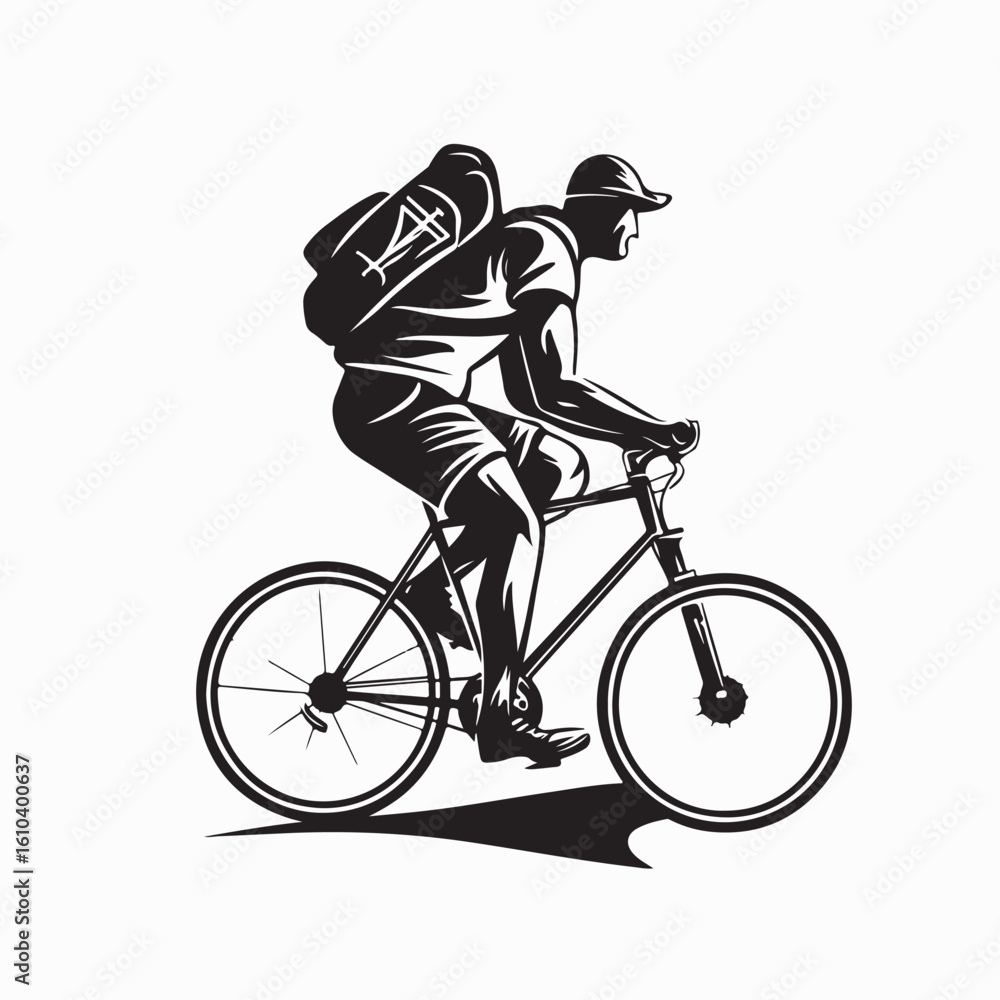 Young cyclist in helemet with backpack riding bike side view vector realistic sketch Young cyclist in helemet with backpack riding bike side view vector realistic sketch