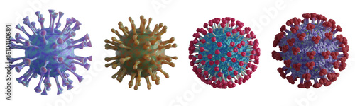 Quadro su tela Set of colorful virus on transparent background, 3D render