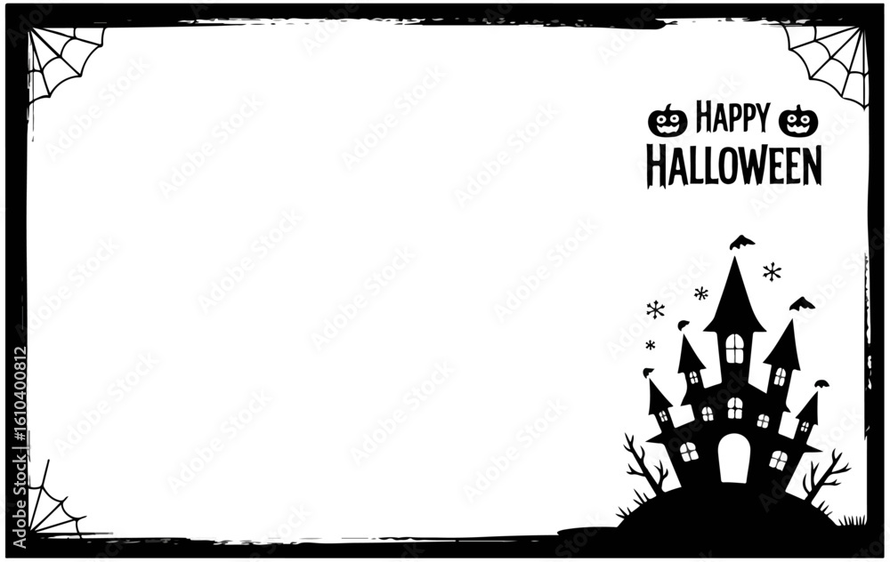 Obraz premium Halloween haunted castle frame border with cobwebs, spooky bats, scary silhouette house, and creepy night party background