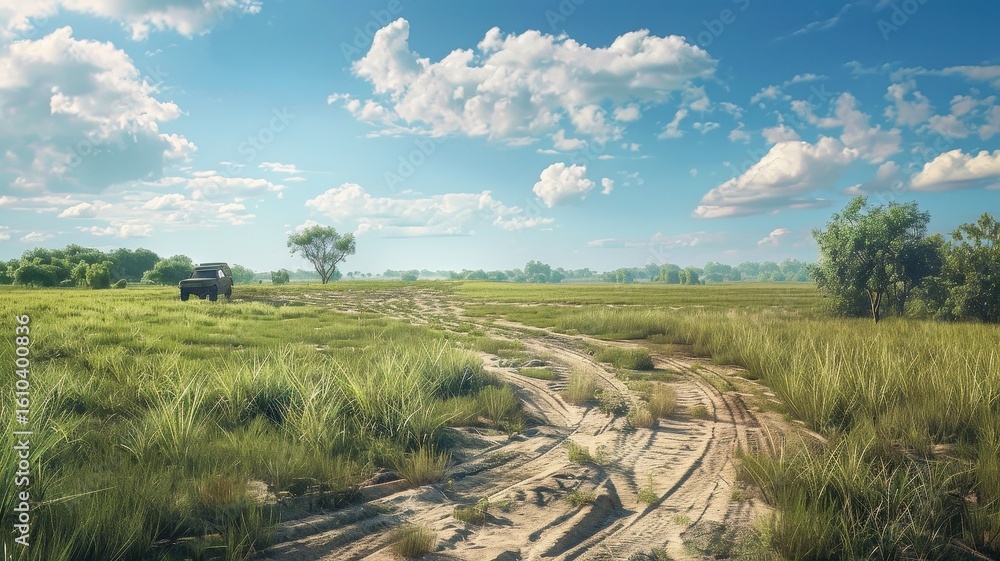 Fototapeta premium This vibrant image captures a Dakar rally track winding through a lush grassy savannah under a bright sky, showcasing the beauty of outdoor adventures.