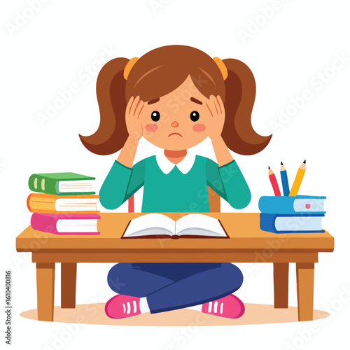 A young girl, overwhelmed by schoolwork, sits at a desk, her head in her hands.