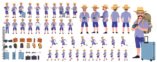 Traveler character model sheet, Character poses, expressions, Walk cycle, Run cycle animated character sequences.