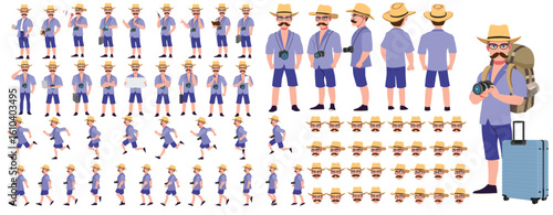 Traveler character model sheet, Character poses, expressions, Walk cycle, Run cycle animated character sequences.