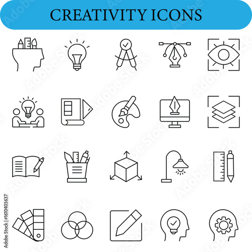 Creativity Line Editable Icons set. The icons include a head with pencils, a lightbulb, a compass, a pen tool, an eye, two people brainstorming, a document with a pencil, a palette with a brush,