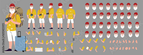 Traveler character model sheet, Character poses, expressions, Walk cycle, Run cycle animated character sequences.