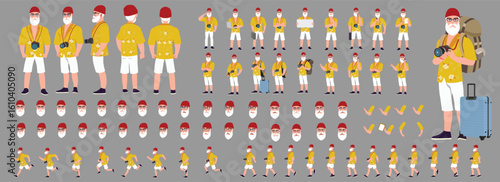 Traveler character model sheet, Character poses, expressions, Walk cycle, Run cycle animated character sequences.