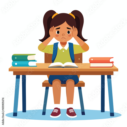 A young girl sits at a desk with books, looking stressed and holding her head.