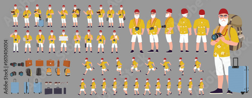 Traveler character model sheet, Character poses, expressions, Walk cycle, Run cycle animated character sequences.