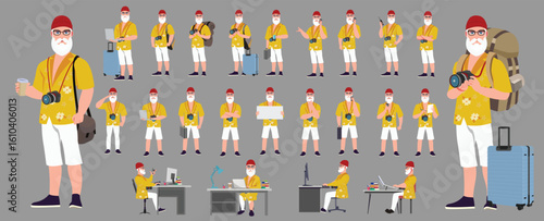 Traveler character model sheet, Character poses, expressions, Walk cycle, Run cycle animated character sequences.