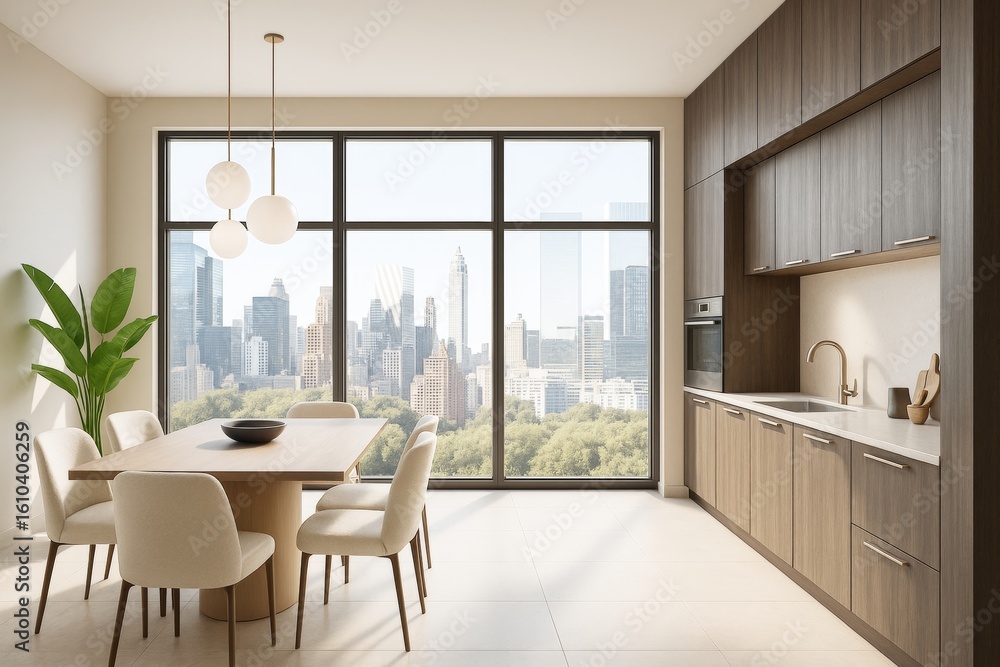 Fototapeta premium Modern light-filled kitchen interior with wood cabinetry, elegant dining area, large windows offering a cityscape view, and minimalist decor.