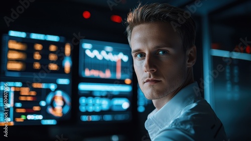 A focused F1 strategist analyzes complex data on a digital screen, showcasing determination and expertise in a modern workspace environment.