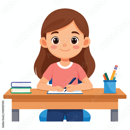 Smiling girl sits at a desk, writing in a notebook, surrounded by books and pens.