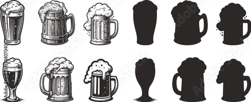 Collection of Beer Illustrations and Silhouettes in Vector Format Featuring Mugs and Glasses Full of Frothy Beer