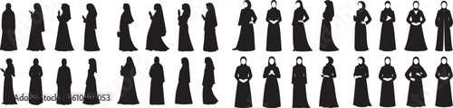Silhouettes of muslim women in various poses and styles of abayas and hijabs on a white background