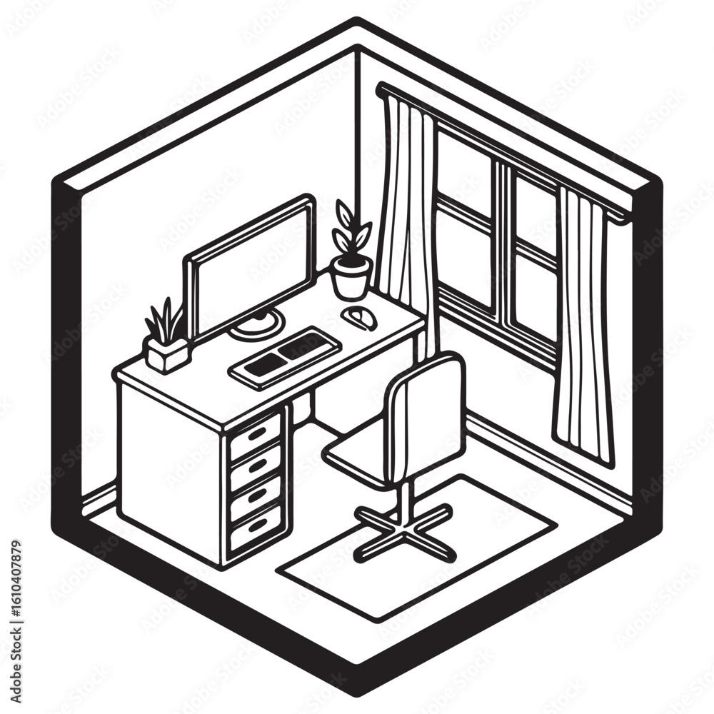 Fototapeta premium Vector Office Workspace Top-Down View in Monochrome with Desk and Filing Cabinet