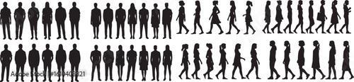 Silhouette collection of standing and walking people in various poses and different styles of clothing