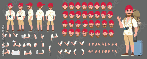 Traveler character model sheet, Character poses, expressions, Walk cycle, Run cycle animated character sequences.