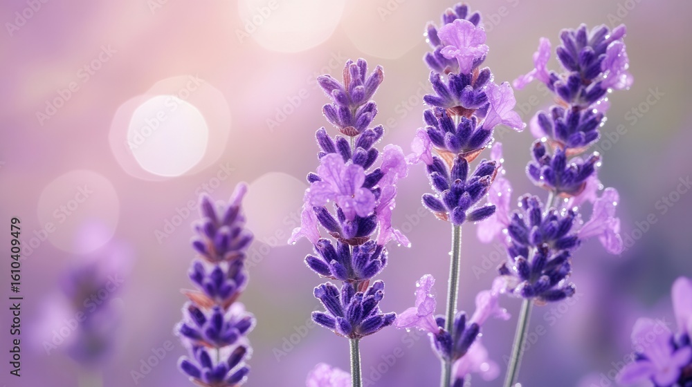 Naklejka premium lavender flowers in soft focus with morning dew, symbolizing aromatherapy and tranquil wellness on blurred background 