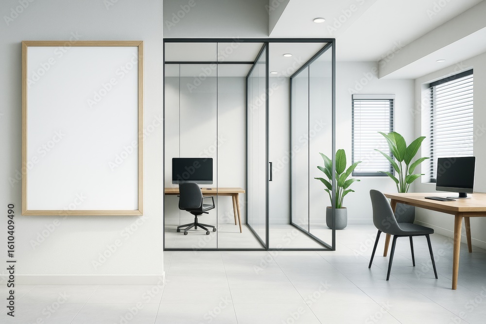 Fototapeta premium Modern office interior with glass partition, wooden desks, computer monitors, potted plants, and blank poster frame on clean white wall.