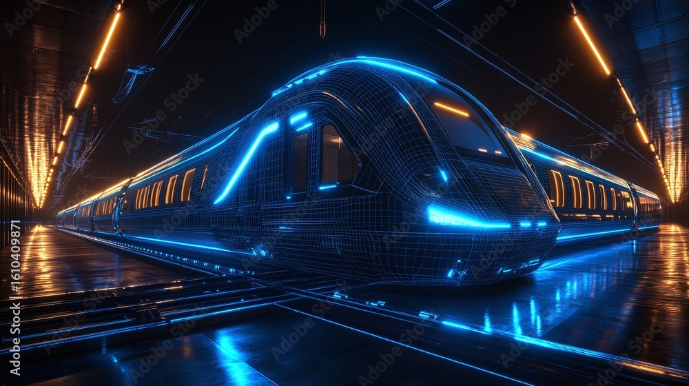 Fototapeta premium Futuristic train in a dark station with neon lighting.