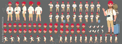 Traveler character model sheet, Character poses, expressions, Walk cycle, Run cycle animated character sequences.