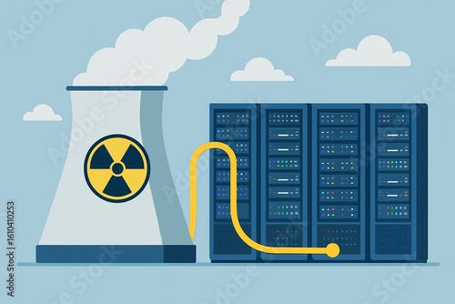 Nuclear Energy Powering Data Infrastructure Server Farms Illustration