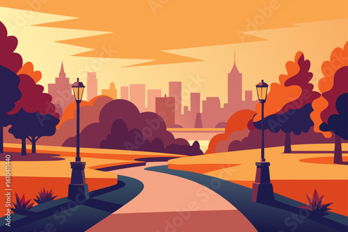 Urban park pathway with city skyline at sunset