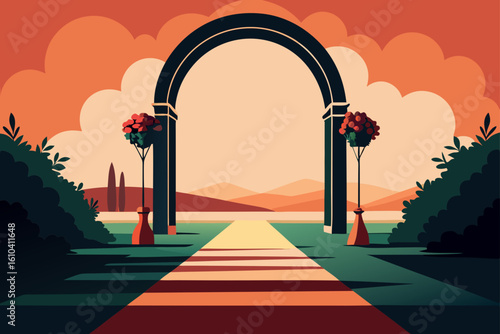 Archway leading to a serene landscape at sunset
