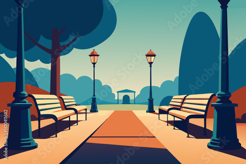 Serene park pathway with benches and lampposts