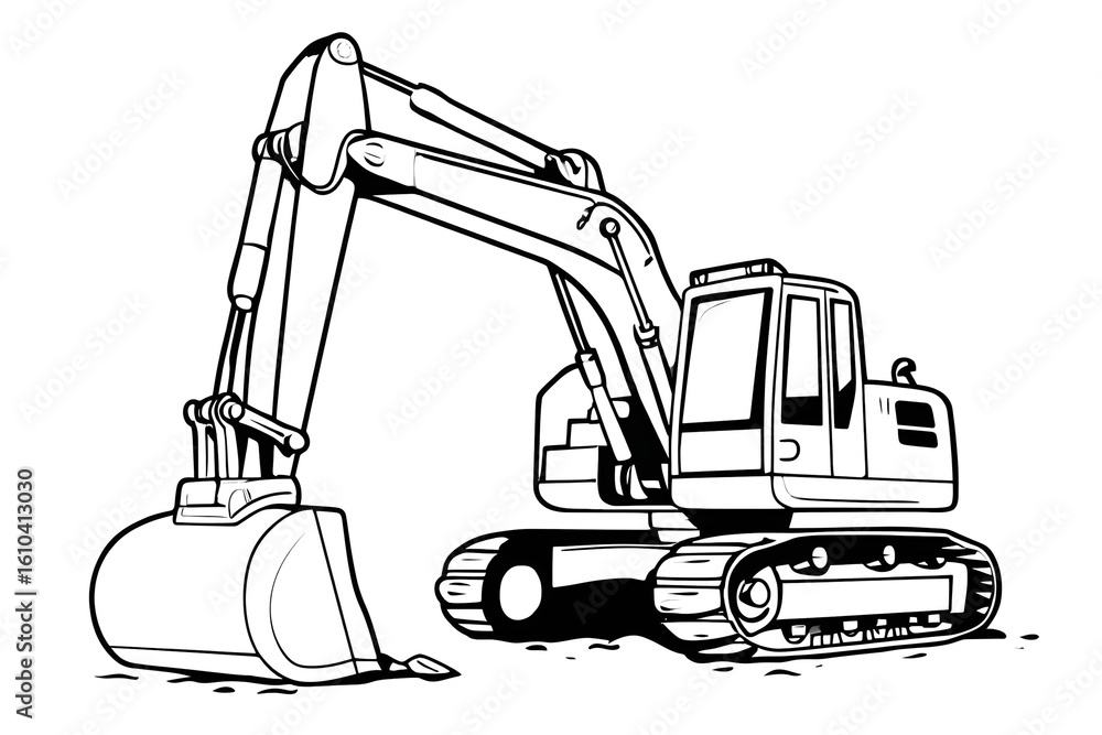 Naklejka premium Outline Detailed Excavator Digger Machine Construction Equipment Heavy Vehicle Illustration. Ai Generated Images